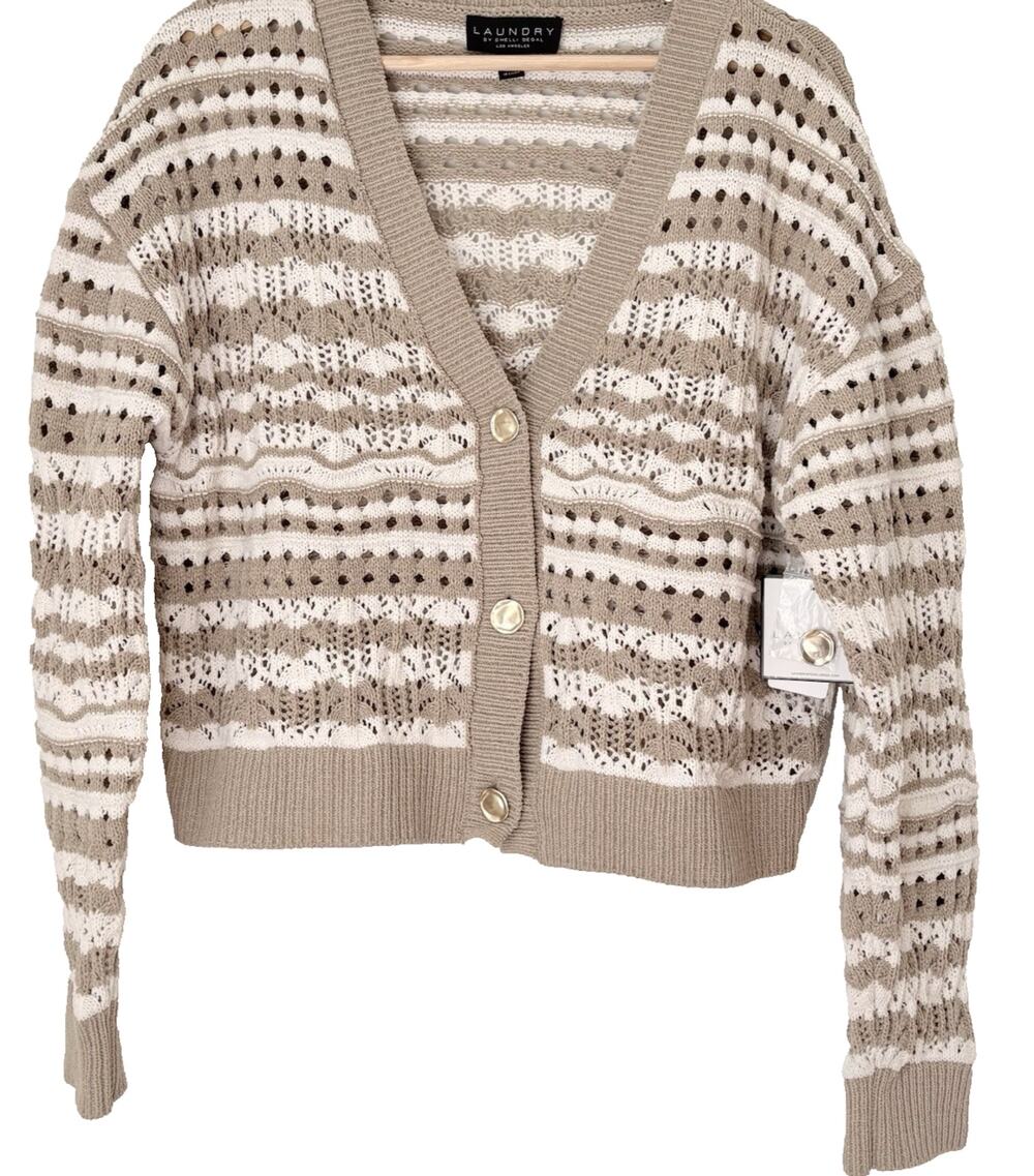 NEW Laundry Shelli Segal Crochet Knit Cardigan Sweater Neutral Stripe V-neck XL